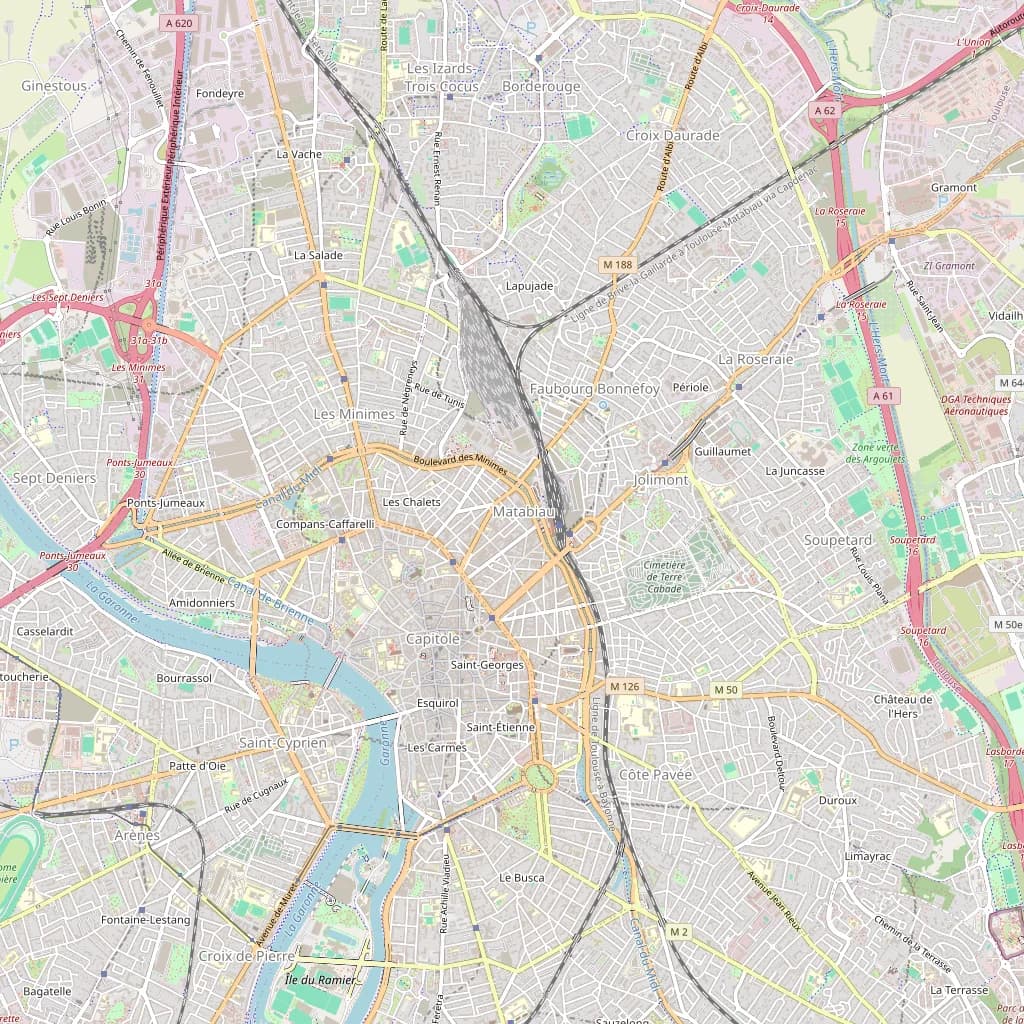 Plan de Toulouse situant les quartiers desservis : centre-ville du Grand-Rond à Compans-Caffarelli, Saint-Georges, Bonnefoy, Borderouge, Jolimont, La Roseraie, Soupetard et la Côte Pavée.